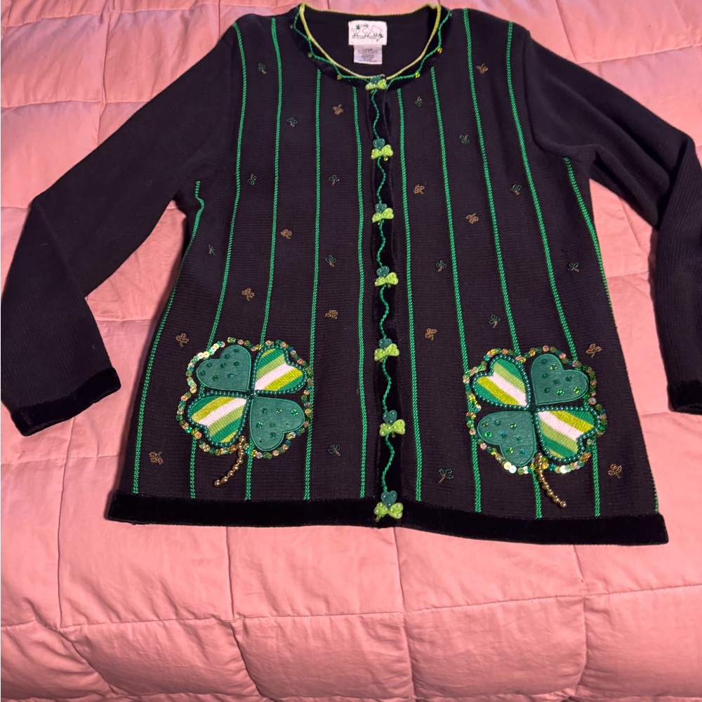 Quacker Factory Black Cardigan with Green Shamrock Design